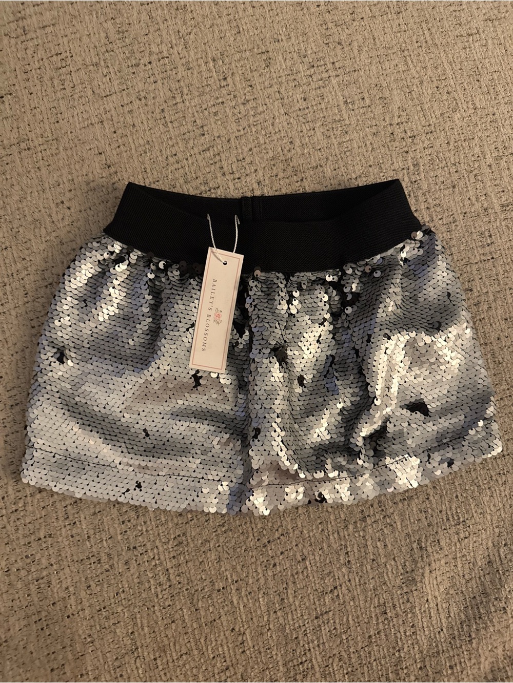 Sparkling Silver Sequin Skirt with Black Waistband - Kids